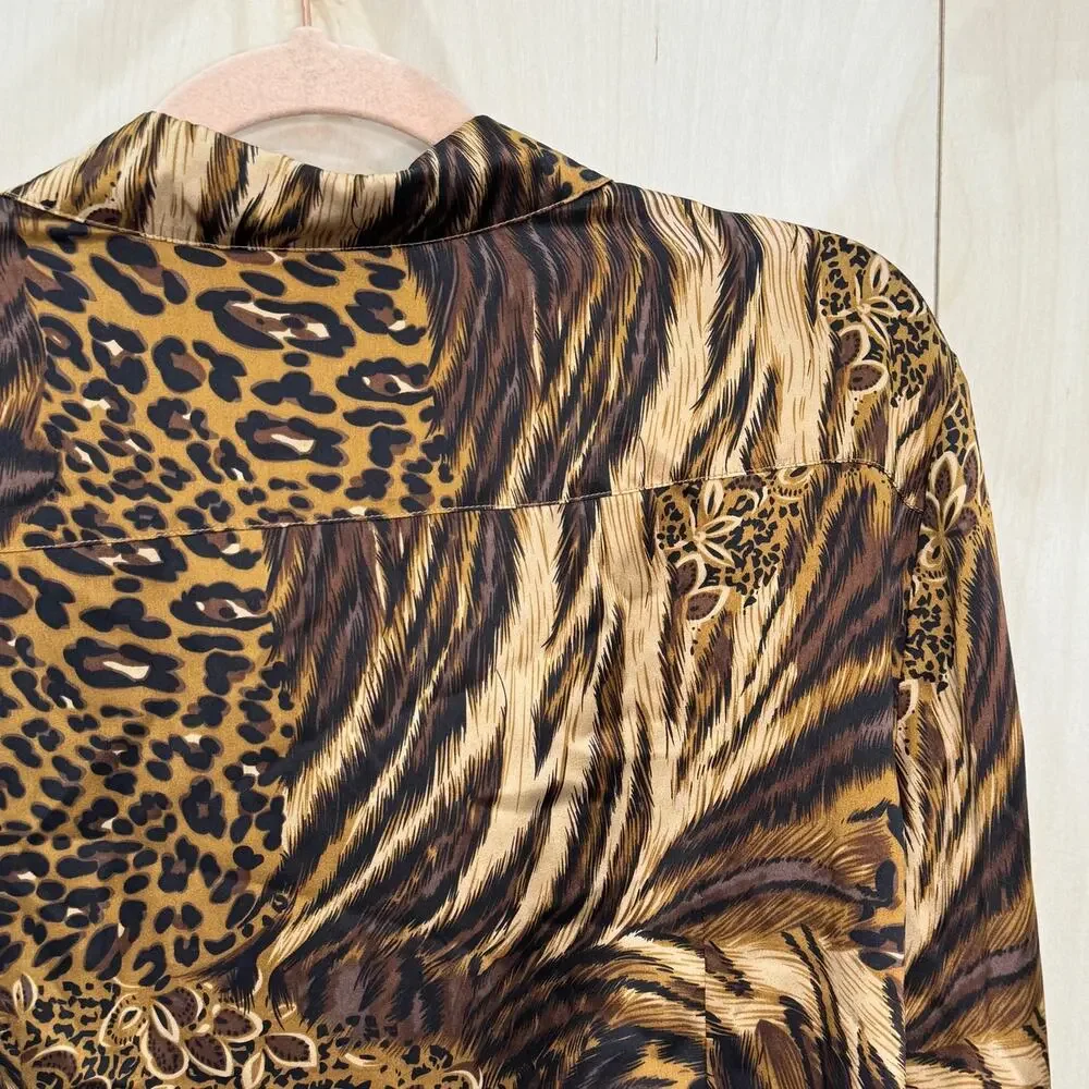 TRIBAL Jungle Cats Animal Print Blouse Size 12 100% Silk Brown Tan Black - Picture 6 of 11